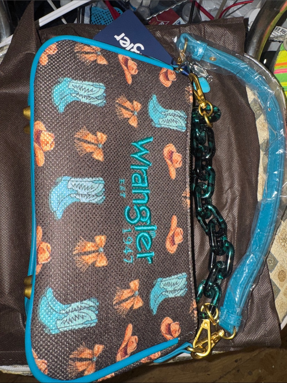 NWT Embroidered Western Wrangler Purse Teal Brown, Boot Theme